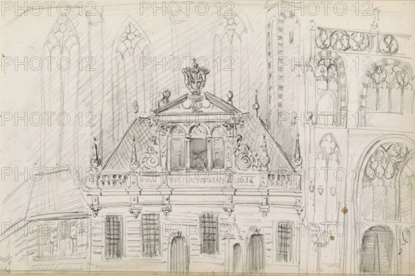 St. Michael's Church in Zwolle, sketchbook page, Page 27 recto from a sketchbook with 58 pages., date and inscription: 'Zwolle, Jun. 64', draftsman (artist): Isaac Gosschalk, Zwolle, draftsman (artist): Joseph Henry Gosschalk, 1864-06, Isaac Gosschalk, Joseph Henry Gosschalk, draftsman (artist), paper, pencil, height 200 mm x width 296 mm, church (exterior), St. Michael's Church (Zwolle), A detailed pencil sketch of a building facade with ornate architectural features fills the image, showing a central pediment topped by an elaborate crest and flanked by decorative finials and scrollwork, a steeply pitched roof with patterned shading, and a balustraded terrace beneath the pediment. Tall arched windows with tracery rise behind the roofline, indicated by vertical shaded strokes, while to the right additional arched openings and ornamental balconies are sketched with curved moldings and carved motifs. The lower portion displays rows of rectangular windows and arched doorways set into a ru...