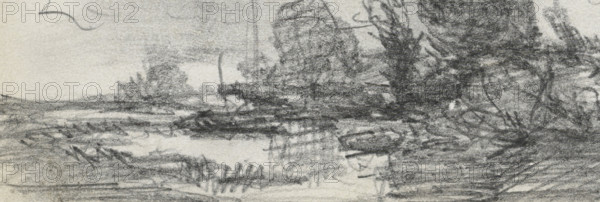 Sketch of a landscape with bossage, drawing, draftsman (artist): Willem Roelofs (I), 1832 - 1897, draftsman (artist), paper, pencil, height 45 mm x width 96 mm, landscapes with waters, waterscapes, seascapes (in the temperature zone), A grayscale pencil sketch showing a horizontal landscape with a body of water in the foreground and midground, rough reflections and rippling pencil marks on its surface, grassy and rocky shoreline forms along the edges, clusters of dark, textured trees and foliage rising on the right and farther back toward the center, softer, lighter shading suggesting distant land and low vegetation on the left, and loose, expressive pencil strokes throughout that create a layered, atmospheric scene.