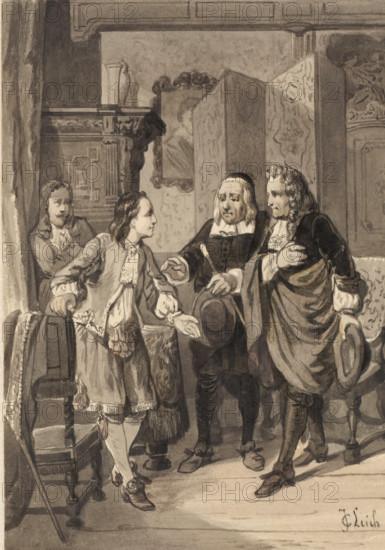 Four men in seventeenth-century clothing in an interior, drawing, design, inscription: 'JC Leich, A FAILED JOURNEY.', draftsman (artist): Johan Coenraad Leich (signed by artist), in or before 1866, draftsman (artist), materials by function, paper, ink, pen, brush, pen in grey with brush in grey, brown and black, height 167 mm x width 115 mm, Design for an illustration for the story A Failed Journey by JA Molster that appeared in: Duyl, AGC van. The Netherlands. Amsterdam: Loman & Verster, 1866, vol. 2., interior of the house, A grayscale scene shows four people in historical attire standing in an interior with ornate paneling and patterned screens. One young person with long hair and decorative cuffs faces three older figures, extending a hand while holding a hat at their side. The three older figures wear long coats and cravats; one central older person holds a cane and a hat and looks toward the young person, while another to the right clasps a hand to the chest and holds a hat at th...
