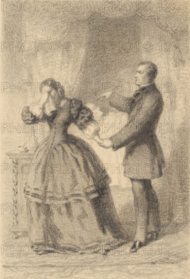 He at least was our child, Madam!, Couple at the deathbed of their child, drawing, The woman holds a handkerchief to her face. Her husband holds her hand and points to the deceased child on the bed., inscription: 'Pag. 142.', draftsman (artist): Lambertus Lingeman (signed by artist), 1839 - 1894, draftsman (artist), paper, pencil, height 182 mm x width 116 mm, Possibly a design for a (book) illustration given the reference to a page number., deathbed, parents with their children, weeping, A charcoal or pencil drawing of two standing figures in period clothing inside a room, one figure facing away with a full skirt and puffed sleeves covering their face with hands, the other facing sideways with an outstretched arm holding a cloth or handkerchief toward the first figure, both rendered in soft shading against a textured wall and curtained background with a small table visible to the left.
