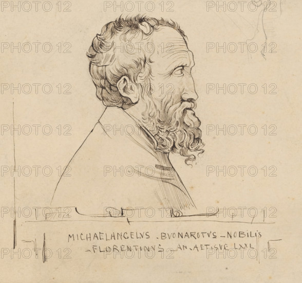 Portrait of Michelangelo at the age of 71, drawing, Portrait of Michelangelo with caption: MICHAELANGELUS BUONAROTUS NOBILIS, FLORENTINUS - AN. AET. SUE LXXI., annotation: '...136, 30', draftsman (artist): Nicolaas van der Waay, Italy, after print by Enea Vico, after print by Giulio Bonasone, 1884, Enea Vico, Giulio Bonasone, draftsman (artist), after print by, materials by function, paper, ink, pencil, pen, pen in black over pencil, height 162 mm x width 249 mm, Person, Michelangelo, portrait, self-portrait of artist, A pen-and-ink profile drawing of an elderly man on a light beige paper, showing his head and upper shoulders facing right; he has wavy hair with defined strands, a prominent forehead with fine lines, a hooked nose, a long curly beard with detailed strokes, a visible ear and eye with a contemplative gaze, and a collared garment; faint sketch marks and simple linear framing appear around the figure, and the paper shows slight discoloration and age spots.