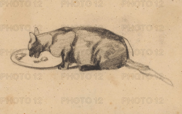 Cat licking a plate, drawing, draftsman (artist): Guillaume Anne van der Brugghen, 1821 - 1891, draftsman (artist), inorganic material, paper, chalk, black chalk, height 98 mm x width 156 mm, cat, A charcoal sketch of a cat lying down with its head lowered toward a shallow dish, rendered on textured beige paper, showing the cat's ears, curved back, and tail with soft shading and smudged charcoal marks.