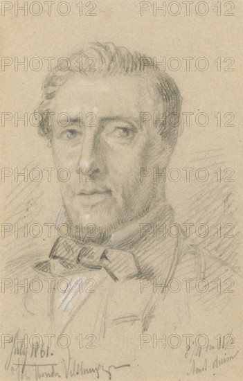 Portrait of a man with a bow tie, drawing, date: 'July 1861', draftsman (artist): Johannes Hendrik Veldhuijzen, 1861-07, draftsman (artist), paper, pencil, heightened with white, on grey paper, height 208 mm x width 133 mm, A detailed pencil sketch of a man shown from the chest up facing slightly to viewer left, with short combed hair, prominent brows, a straight nose, and a trimmed mustache and small beard on the chin; his eyes look forward and his expression is neutral. He wears a collared shirt with a bow tied at the neck and a jacket over it. The shading emphasizes facial contours and hair texture, and loose sketch lines suggest the shoulders and clothing. The drawing is on textured beige paper and includes faint scribbled marks near the bottom edge.