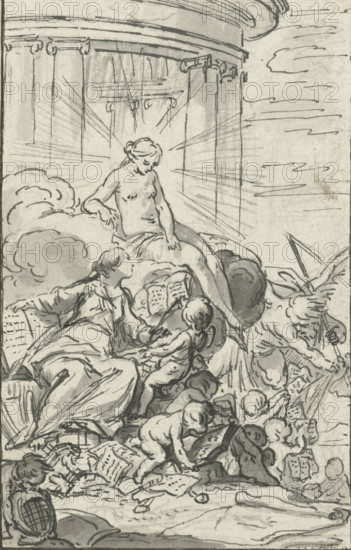 Allegory of History Studying Truth, drawing, design, Originally intended as a design for a frontispiece, but ultimately, not used, verso, signature, recto, lower right, pen and brown ink: 'Cochin filius del', inscription:, lower left, on the old mount, pen and brown ink: 'CN Cochin filius delin', annotation, pencil: 'Jombert 154, Ce dessin n'a point été, gravé', draftsman (artist): Charles Nicolas Cochin (II), before c. 1746, Charles Nicolas Cochin (II), draftsman (artist), inorganic material, materials by function, paper, ink, chalk, pen, brush, pen and brush in gray over underdrawing in black chalk, height 126 mm x width 82 mm, height 208 mm x width 161 mm, Originally intended as a design for a frontispiece of Nouvel Abregé chronologique de l'histoire de France, but ultimately not used., 'Historia', Truth, 'Verità' (Ripa), Time denuding Truth, A monochrome ink drawing shows a partially draped female figure seated on clouds beneath an architectural semicircular structure with columns,...
