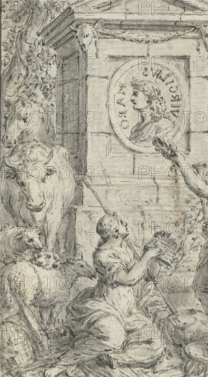 Shepherdesses admiring a medallion portrait of Virgil, drawing, design, Design for a print., recto, draftsman (artist): Ferdinand Delamonce, c. 1708 - c. 1718, draftsman (artist), inorganic material, paper, chalk, brush, black chalk and brush in gray and white, height 128 mm x width 74 mm, Person, Publius Vergilius Maro, herding, herdsman, herdswoman, shepherd, shepherdess, cowherd, grave-building, monumental tomb, A grayscale drawing showing a seated figure in draped clothing looking upward while holding a small rectangular object with visible grooves, positioned among drapery and other figures. To the left, a large bovine head and upper body loom behind a smaller animal figure partially visible at the lower edge. Behind the seated figure, a rectangular architectural wall with horizontal stone blocks is visible, featuring a circular medallion with a human profile in relief set into a framed panel. An arm extends into the frame from the right, holding a floral spray toward the medallio...