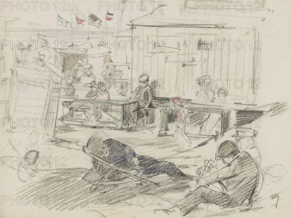 Beach scene with figures and changing rooms, sketchbook page, On the beach, a number of figures are sitting in front of a wooden hut. In the background, a row of changing rooms with flags on them. In the foreground, a man is sleeping in a deck chair. Page 11 recto from a sketchbook with 17 pages., draftsman (artist): Monogrammist DS (draughtsman), c. 1850 - c. 1950, draftsman (artist), inorganic material, paper, chalk, black and colored chalk, height 252 mm x width 325 mm, beach (as place of recreation), hut, cabin, lodge, A lightly sketched scene rendered in pencil with small touches of color shows a room with vertical wooden panels at the back and a long counter or table across the middle ground where several figures stand and sit. Behind and around the counter are small, loosely drawn figures wearing hats and caps, some seen in profile and some facing forward, and a figure in a uniform with a peaked cap stands near the right side. In front of the counter a childlike figure in a colo...