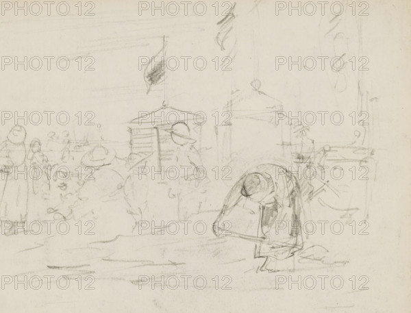 Beach scene with figures and changing rooms, sketchbook page, In the foreground a woman bent over with a shovel. Page 13 recto from a sketchbook with 17 pages., draftsman (artist): Monogrammist DS (draughtsman), c. 1850 - c. 1950, draftsman (artist), inorganic material, paper, chalk, black chalk, height 252 mm x width 325 mm, beach (as place of recreation), hut, cabin, lodge, A pale, lightly textured paper with faint pencil sketches showing several loosely drawn figures and architectural elements; a central figure wearing a hat and cloak appears bent over holding a rectangular object, other standing figures in hats and cloaks are scattered nearby, and indistinct groupings of people occupy the left side; simple outlines of small roofed structures and vertical poles with hanging shapes appear toward the middle and right, while quick, horizontal pencil strokes suggest ground and distant space across the composition.