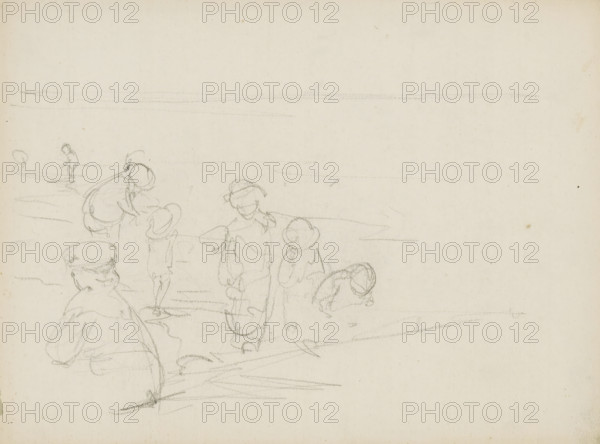 Children playing at the waterline, sketchbook page, Page 14 verso from a sketchbook with 17 pages., draftsman (artist): Monogrammist DS (draughtsman), c. 1850 - c. 1950, draftsman (artist), inorganic material, paper, chalk, black chalk, height 252 mm x width 325 mm, in or beside the water (on the beach), A pale sheet with faint pencil sketches showing several loosely drawn figures wearing rounded hats and simple clothing, some standing and some bent over, with light horizontal pencil lines across the page and minimal shading.