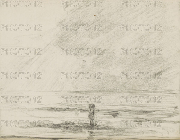 Seascape with a standing figure at the waterline, sketchbook page, Drawing in a frame. Page 16 verso from a sketchbook with 17 pages., draftsman (artist): Monogrammist DS (draughtsman), c. 1850 - c. 1950, draftsman (artist), inorganic material, paper, chalk, black chalk, height 252 mm x width 325 mm, sea (seascape) (landscape with figures, staffage), A wide, lightly shaded sky occupies the upper area with soft, diagonal pencil strokes forming cloudlike shapes, while below a broad, horizontal band suggests a calm sea with gentle rippling marks; near the lower center a solitary, standing figure faces the water, sketched with simple vertical strokes and subtle shading, and the foreground shows darker, smudged pencil textures indicating wet sand or shoreline.
