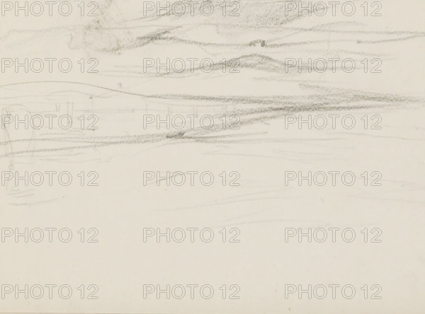Seascape, sketchbook page, Page 4 recto from a sketchbook with 17 pages., draftsman (artist): Monogrammist DS (draughtsman), c. 1850 - c. 1950, draftsman (artist), inorganic material, paper, chalk, black chalk, height 252 mm x width 325 mm, sea (seascape), A light-colored sheet with faint, sketchy pencil marks concentrated near the top third, showing horizontal, wispy strokes and gentle curved lines that suggest distant shapes, with more diffuse, lighter pencil shading spread across the middle area and sparse, faint horizontal lines toward the lower half, leaving a mostly blank lower portion.