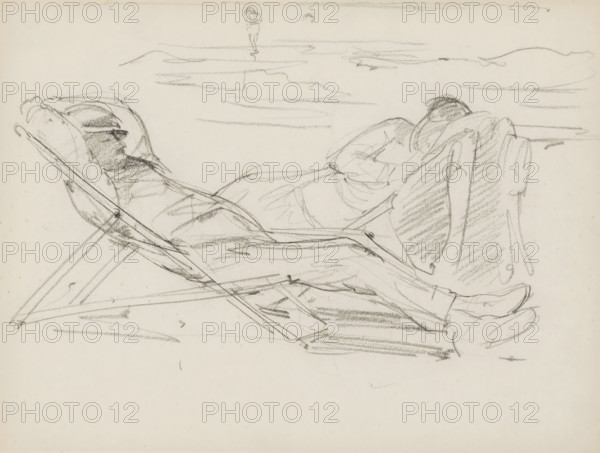 Beach scene with a sleeping man and woman in deck chairs, sketchbook page, In the background a figure at the waterline. Page 6 recto from a sketchbook with 17 pages., draftsman (artist): Monogrammist DS (draughtsman), c. 1850 - c. 1950, draftsman (artist), inorganic material, paper, chalk, black chalk, height 252 mm x width 325 mm, beach (as place of recreation), sleeping in chair, A loose pencil sketch on a light background showing two reclining figures in deck chairs, drawn with quick, curved and diagonal strokes; one figure appears on the left with a shaded face and a head resting on a pillow-like cushion, the other figure on the right is turned slightly away and covered with draped clothing, with legs and shoes extending forward; structural lines of the chairs intersect beneath and around the figures, and faint horizontal strokes suggest a distant horizon or surface above them.