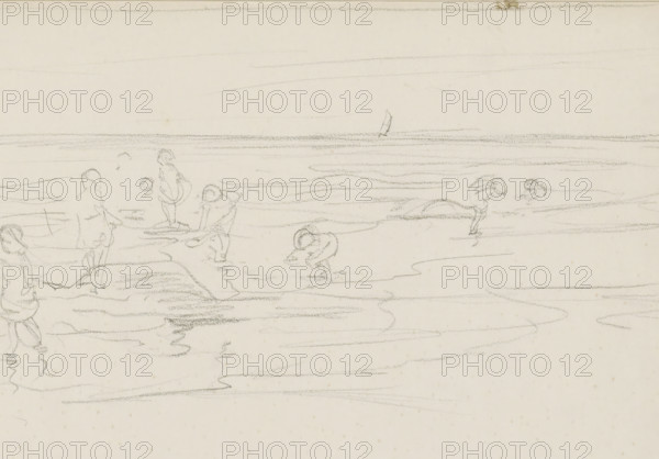 Beach scene with children playing at the waterline, sketchbook page, Drawing in a frame. Page 7 recto from a sketchbook with 17 pages., draftsman (artist): Monogrammist DS (draughtsman), c. 1850 - c. 1950, draftsman (artist), inorganic material, paper, chalk, black chalk, height 252 mm x width 325 mm, sleeping in chair, in or beside the water (on the beach), A wide pale scene rendered in light pencil shows a shoreline with faint horizontal lines suggesting water and distant horizon, with small, simple human figures sketched along the edge and standing or bending in the shallow water, some holding round objects and others leaning forward; a tiny sailboat is visible near the horizon, and soft, wispy horizontal marks across the sky and water create a calm, minimal composition.