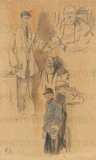 Portrait of Jan Hamdorf and W. van der Pluym, drawing, draftsman (artist): Herman Moerkerk, 1889 - 1949, draftsman (artist), paper, pencil, brush, brush in colors, height 186 mm x width 114 mm, Person, W. van der Pluym, Jan Hamdorf, historical persons, A vertical sketch on tan paper showing multiple loosely drawn male figures in pencil and colored chalk, including a tall man standing at left wearing a long coat and tie with glasses and a serious expression, a large seated man at top right with broad shoulders and a hand resting on an armrest, a bearded man with round glasses in the center, a profile of a man with a mustache facing right, and a small full-body figure near the lower center wearing a hat and a uniform jacket rendered with blue and red highlights; shading and scribbled background marks fill spaces between the figures.
