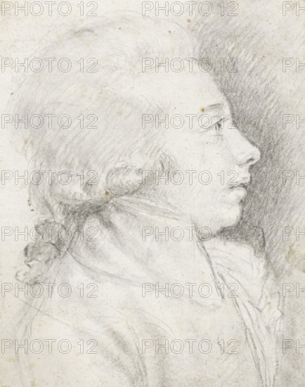Profile portrait of a young man with a wig, drawing, verso, on the mount, draftsman (artist): manner of Augustin de Saint-Aubin, 1750 - 1840, draftsman (artist), Manner of, inorganic material, paper, chalk, black chalk, height 85 mm x width 67 mm, historical persons not known by name, A charcoal or graphite profile portrait of a person facing right, showing a pale textured paper background, detailed facial features including an eye, nose, lips, and chin, hair swept back with loose curls at the nape, a high collar or scarf around the neck, and shaded areas to the right creating contrast.