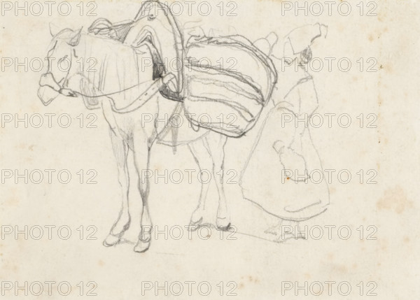 Woman by a loaded horse, drawing, draftsman (artist): Johannes Bosboom, 1827 - 1891, draftsman (artist), paper, pencil, height 103 mm x width 144 mm, animal mounts, pack-animals, A pencil sketch on aged paper showing a side view of a draft animal with a saddle-like pack on its back and a bridle on its head, its legs and hooves lightly drawn, and beside it a loosely sketched standing human figure wearing a long garment and a head covering, with a small bag or pouch hanging at the figure's side.