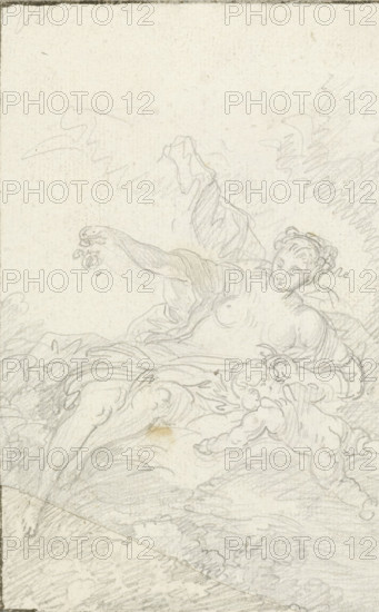 Aurora (after Boucher), drawing, Flower-strewing goddess with a putto on clouds, after painting by François Boucher, Paris, draftsman (artist): attributed to Jean Baptiste Henri Deshays, after 1769 - before 1825, draftsman (artist), Attributed to, paper, pencil, height 145 mm x width 92 mm, personification of the morning, 'Aurora', A pencil drawing of a reclining female figure with draped fabric, one arm extended upward and the other resting, her torso and breasts visible, her head turned with hair styled in curls and a calm facial expression, surrounded by flowing cloudlike forms. A small cherubic child lies near her legs, reaching toward her with chubby limbs and a rounded face. Soft, sketchy shading and contour lines define the figures and suggest folds of cloth and billowing clouds around them, with light pencil hatch marks filling the background.