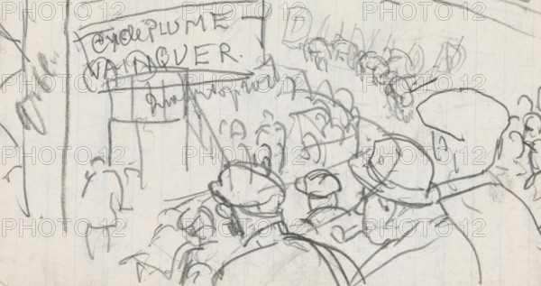 Public at a cycling race, drawing, draftsman (artist): Leo Gestel, 1891 - 1941, draftsman (artist), paper, coal, organic material, lined paper, charcoal stick, pencil, pencil with charcoal on lined paper, height 91 mm x width 151 mm, crowd, mob, bicycle racing, A pencil sketch on lined paper showing a crowd of loosely drawn figures, many wearing rounded head coverings, gathered in front of a rectangular structure with a canopy and hanging decorations, with additional sketchy figures and curved shapes in the background and rough scribbled lines suggesting signage or banners above the structure.