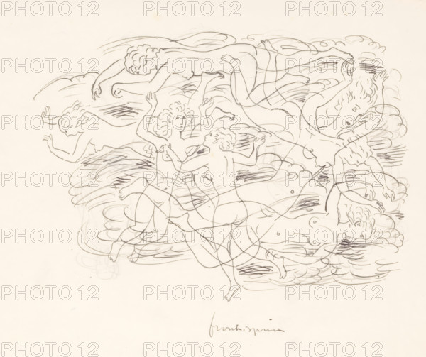 Swimming naked women, drawing, watermark: 'GW, PAPER, 1671', :, draftsman (artist): Leo Gestel, 1891 - 1941, draftsman (artist), materials by function, paper, ink, pencil, pen, pen in black over pencil, height 209 mm x width 260 mm, swimming (movement in water) - AA - female human figure (nude human being), A light pencil drawing on a pale background showing multiple nude figures with curly hair arranged in overlapping, flowing poses among cloud-like swirls, their limbs extended and intertwined with loose, sketchy lines and areas of darker hatching, several faces turned in different directions with simple facial features, and a cluster of figures concentrated toward the upper center and right of the image.