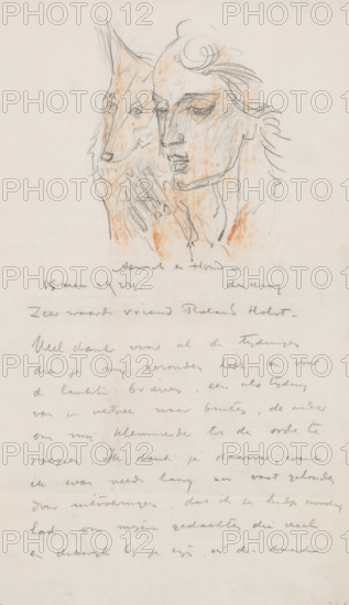 Letter to Richard Roland Holst, letter, writer (clerical worker): Willem van Konijnenburg, The Hague, 1924-05-24, writer (clerical worker), draftsman (artist), inorganic material, materials by function, paper, ink, pencil, chalk, writing (processes), height 425 mm x width 425 mm, Person, Jan Mankes, Richard Nicolaüs Roland Holst, dog, the graphic arts, head (human), A pencil and light orange sketch near the top of the page shows a human face in profile next to an animal head with pointed ears, both rendered with loose, flowing lines and shaded areas; below the drawing faint handwritten lines cover the lower portion of the page, written in a cursive style that varies in darkness, while the background is a pale, slightly textured paper with small smudges and spots.