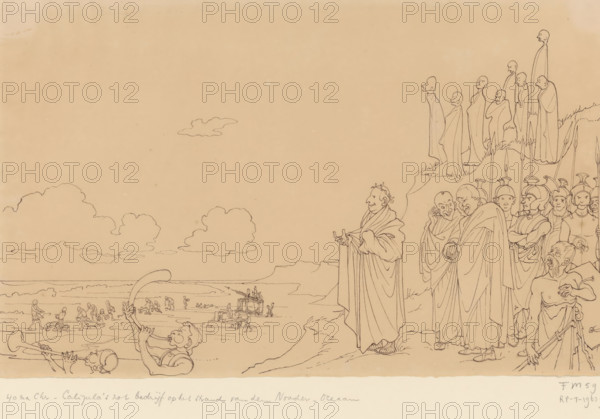 40 AD, Caligula's foolish business on the beach of the North Sea (original title), drawing, cartoon, Emperor Caligula has the Roman army collect shells on the beach of the North Sea. In the year 40. Part of the folder with 18 drawings reproduced in Johan Huizinga's 'Keur van gedenkwaardige tafereelen uit de vaderlandsche historiën' from 1950., draftsman (artist): Johan Huizinga, Netherlands, 1893 - 1895, draftsman (artist), materials by function, paper, pencil, ink, pen, pen in black over pencil, height 210 mm x width 344 mm, Person, Caligula (Emperor of the Roman Empire), beach, 98B(CALIGULA, Gaius)9 male persons from classical history (CALIGULA, Gaius) - portrait of person from classical history, Roman period in the Netherlands, North Sea, Period, 40, A wide landscape drawing shows a shoreline with a calm horizon and scattered clouds, populated by many small figures along the water and on the beach engaged in varied activities. In the foreground to the right, a group of robed figures...