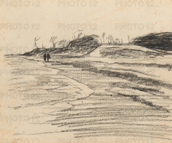 Landscape with dike, drawing, draftsman (artist): Willem Witsen, 1870 - 1923, draftsman (artist), inorganic material, paper, chalk, height 137 mm x width 168 mm, landscapes, A textured paper background with charcoal or pencil marks forming a wide, horizontal landscape featuring layered, sweeping strokes across the foreground and midground, darker shaded mounds and ridges along the middle of the scene, sparse vertical marks suggesting small, bare tree shapes on the horizon, and two small dark figures standing near the base of a darker hill.