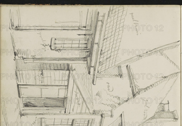 Street with rows of houses, sketchbook page, Page 2 recto from a sketchbook with 24 pages., draftsman (artist): Willem Koekkoek, c. 1888, draftsman (artist), paper, pencil, height 372 mm x width 261 mm, the usual house or row of houses, A pencil sketch of a row of narrow buildings viewed from street level, showing varied rooflines with steep gables and tiled roofs, dormer windows, chimneys, and façades with tall rectangular windows and doors; some buildings have awnings or overhangs and visible wooden siding, while shading and hatching indicate texture and depth on walls, roofs, and window frames, and the street in front is sketched with light lines.