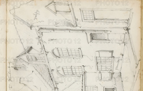 Street behind the church in Culemborg, sketchbook page, Page 30 verso from a sketchbook with 42 pages., annotation: 'behind the church in Kuilenburg', draftsman (artist): Willem Koekkoek, Culemborg, 1849 - 1895, draftsman (artist), paper, pencil, height 428 mm x width 278 mm, street, A pencil sketch of a narrow street lined with closely spaced buildings with pitched roofs and chimneys, showing multiple windows of different shapes and sizes including some with shutters and arched tops, a few dormer windows, and a small projecting bay with a sloped roof; the street slopes slightly and recedes into the distance where a taller building with several windows is visible, while trees with shaded foliage fill the left upper area and a wall-mounted street lamp projects from a building on the left, all rendered with varied pencil hatching and light sketch lines on a light paper background.