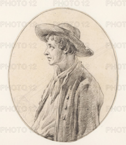 Study of a man with a hat, in profile, facing left, drawing, draftsman (artist): Johannes Christiaan Schotel, 1797 - 1838, draftsman (artist), inorganic material, paper, pencil, chalk, pencil and black chalk, height 143 mm x width 117 mm, standing figure, head-gear: hat (men's clothes), male sex, man, A charcoal drawing of a man in profile facing left, wearing a wide-brimmed hat and a loose shirt with a tied scarf at the neck, shown from the chest up inside an oval frame, with visible textured shading on the hat, hair, face, and clothing against a light paper background.