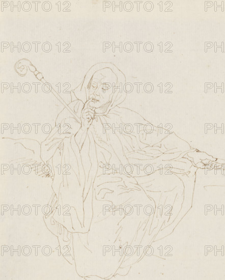Seated cleric with crook and book, drawing, draftsman (artist): David Pièrre Giottino Humbert de Superville, 1780 - 1849, draftsman (artist), materials by function, paper, ink, pen, pen in brown, height 206 mm x width 165 mm, organization, functions and dignitaries in Roman Catholic church, clergy in general, A simple line drawing on a pale textured background shows a seated figure draped in loose robes and a hood, holding a long staff with a curled top that rests against the shoulder, the figure's face detailed with closed eyes and a contemplative expression, one hand raised with a finger near the mouth and the other hand resting palm up on the garment, folds and flowing lines of fabric defined across the body and extending outward.