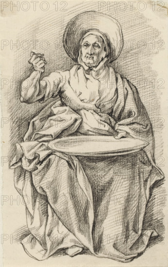 Seated fishwife, drawing, draftsman (artist): David Pièrre Giottino Humbert de Superville, 1780 - 1849, draftsman (artist), inorganic material, paper, chalk, black chalk, height 157 mm x width 97 mm, A charcoal sketch of a seated figure wearing a large round hat and layered draped clothing, with a visible hand raised and the other hand resting on the edge of a shallow round dish held across the lap; the face shows detailed features and a solemn expression, and the background is filled with crosshatched shading while the garments display heavy fold lines and textured shading.