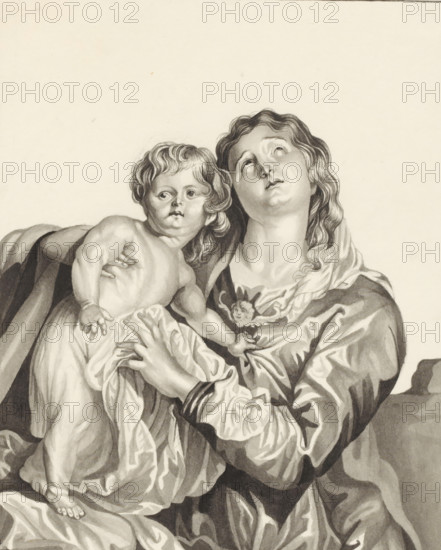 Mary with child, drawing, draftsman (artist): damsel Catharina Kemper, 1824, draftsman (artist), materials by function, paper, ink, pen, brush, pen and brush in gray, height 210 mm x width 168 mm, A grayscale illustration of a woman holding a child, both shown from the waist up, with the woman's head tilted upward and eyes looking up, her wavy hair framing her face and draped fabric around her shoulders, and the child held against her chest with a rounded face and curly hair, one arm resting on the woman's shoulder and the other hand touching the fabric, detailed folds and shadows in the drapery and a largely blank background.