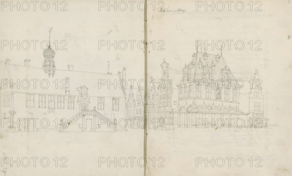 Town Hall and Weigh-House in Hoorn, sketchbook page, Pages 2 and 3 from a sketchbook with 96 pages., annotation: 'Town Hall and Weigh-House', draftsman (artist): Cornelis Pronk, Hoorn (North Holland), draftsman (artist): Abraham de Haen (II), c. 1728 - c. 1732, draftsman (artist), materials by function, paper, pencil, ink, pen, pencil and pen in grey, height 192 mm x width 167 mm, townhall, weigh-house, Town Hall (Hoorn), A wide pencil sketch of a row of buildings across two facing pages, showing architectural details and rooftops; on the left a long building with a sloped roof, multiple rectangular windows, chimneys, a decorative cupola rising above the roof, and an exterior staircase with balustrade leading to an arched doorway, with small human figures on the stairs and near doorways; in the center narrower gabled facades and a tall ornate narrow tower with decorative elements; on the right a larger building with a steep mansard roof featuring dormer windows and finials, tall rectan...