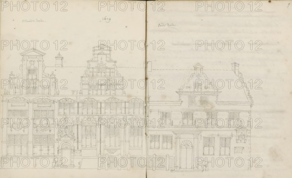 Elevation of the facades of the Nieuwe Doelen and Oude Doelen, sketchbook page, Pages 8 and 9 from a sketchbook with 96 pages., annotation: 'Nieuwedoelen 1619, Oude Doelen, 1648, 1629, 1581 1677', draftsman (artist): Cornelis Pronk, draftsman (artist): Abraham de Haen (II), c. 1728 - c. 1732, draftsman (artist), paper, pencil, pen, pencil and pen in grey, height 192 mm x width 167 mm, façade (of house or building), A wide pencil drawing of a row of ornate multi-story buildings seen from the front, with detailed facades, decorative gables, and many rectangular windows with small panes; the left building shows a pedimented top, scrolllike side ornaments, and an arched doorway with sculptural elements above it, while the center building has a stepped central gable with decorative panels and carved motifs and the right building features a curved gable, a pitched roof with a chimney, a recessed arched entrance, and a small fence or gate in front; the scene is rendered on aged paper with a f...