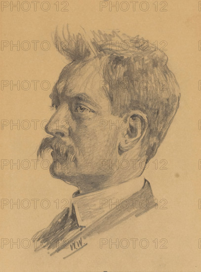 Portrait of Jan Hofker, drawing, draftsman (artist): Willem Witsen, 1870 - 1923, draftsman (artist), paper, pasteboard, pencil, height 305 mm x width 228 mm, Person, Jan Hofker, historical persons, A pencil drawing of a man's head in profile facing left, showing short hair neatly combed with a slight wave at the top, a pronounced eyebrow, an eye with visible lashes and a focused gaze, a prominent nose, a thick mustache that curves downward at the ends, and a defined jawline and chin. The ear is clearly rendered with inner contours, and shading emphasizes cheekbone and neck structure. The man wears a collared shirt and a jacket suggested by shaded strokes. The sketch is on tan paper with soft graphite shading and visible pencil strokes throughout.