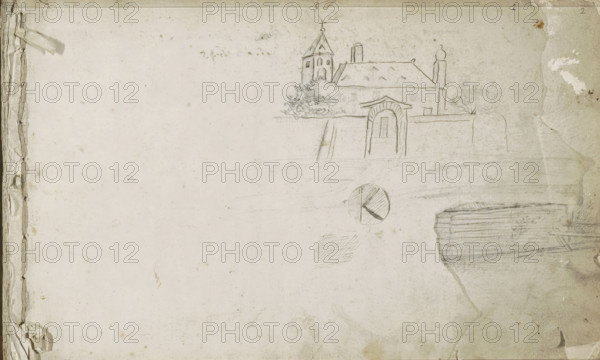 Church behind a wall with a gate and a monogram, sketchbook page, Monogram with the letter 'K' in a circle. Page 1 recto from a sketchbook with 39 pages., 1646 - 1800, draftsman (artist), materials by function, paper, pencil, ink, pen, pen in brown, height 201 mm x width 315 mm, Drawing by anonymous artist on page 1 of a sketchbook with 39 pages by Pieter Moninckx, Eerenbeemd, A., church (exterior), gate, entrance, A wide, aged sheet with light stains and worn edges shows a faint pencil sketch of a building with a pitched roof and a tower topped by a small cross, a low wall with an arched gateway, and clustered foliage near the base of the tower; additional light pencil marks include a shaded circular shape with a diagonal segment, a small swatch of crosshatching, and a darker, horizontally lined shaded area near the right edge, while the left margin displays torn, crumpled paper layers.