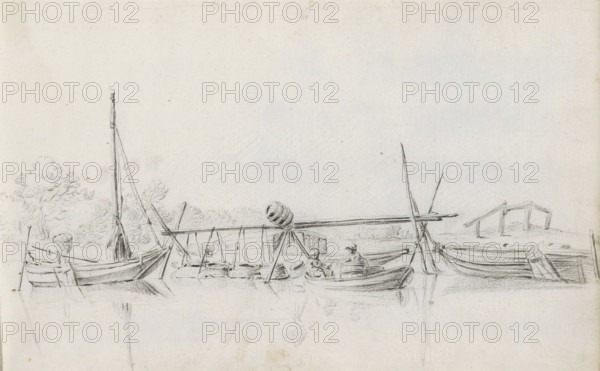River view with boats at anchor at a fishing spot, sketchbook page, In the foreground two figures in a boat by an arrangement of wooden posts to which baskets for fishing are attached. Page 10 recto from a sketchbook with 39 pages., draftsman (artist): Pieter Moninckx, 1645 - 1646, draftsman (artist), inorganic material, paper, chalk, black chalk, height 201 mm x width 315 mm, river, commercial fishery, A pencil sketch of a shoreline scene showing several small rowboats and a sailboat moored at the water's edge, with masts, spars, and rigging sketched in fine lines; a simple wooden structure stands on posts near the right side of the shore; a horizontal beam supported on a tripod-like frame stretches across part of the scene and is topped by a rounded object; small barrels and baskets lie in and beside the boats, and two seated figures wearing hats appear in one of the boats; lightly drawn trees and foliage form a distant background behind the boats, and faint reflections of the vessel...