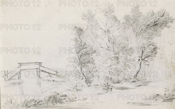Landscape with a bridge over a river, sketchbook page, Page 11 recto from a sketchbook with 39 pages., draftsman (artist): Pieter Moninckx, 1645 - 1646, draftsman (artist), inorganic material, paper, chalk, black chalk, height 201 mm x width 315 mm, landscape with bridge, viaduct or aqueduct, A pencil sketch showing a small simple wooden footbridge over a calm body of water on the left and a cluster of leafy trees and shrubs occupying the right, with delicate pencil strokes indicating foliage textures, tree trunks, grassy ground, and faint reflections on the water.