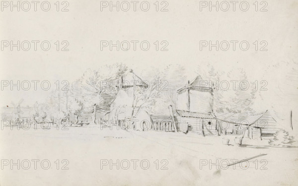 Landscape with two haystacks and farm barns, sketchbook page, Page 22 recto from a sketchbook with 39 pages., draftsman (artist): Pieter Moninckx, 1645 - 1646, draftsman (artist), inorganic material, paper, chalk, black chalk, height 201 mm x width 315 mm, farm or solitary house in landscape, hay-stack, A wide pencil sketch showing a rural scene with a row of simple wooden buildings and sheds along the right side, several with pitched roofs and one with a slatted facade, and small objects like buckets and posts near their bases. Trees with loose, feathery foliage stand behind and between the buildings, their outlines rendered with light, repeated strokes. Toward the left, a windmill with angled sails is visible near the horizon, accompanied by additional small trees and low structures. The foreground is mostly open, lightly shaded ground with faint marks suggesting a path or road leading toward the buildings. The overall tone is pale with delicate, sparse pencil lines and areas of soft...