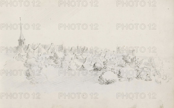 View of a city, possibly The Hague, sketchbook page, Page 26 recto from a sketchbook with 39 pages., draftsman (artist): Pieter Moninckx, The Hague (possibly), 1645 - 1646, draftsman (artist), inorganic material, paper, chalk, black chalk, height 201 mm x width 315 mm, prospect of city, town panorama, silhouette of city, A wide pencil sketch of a townscape seen from above with a tall church steeple rising on the left and a row of pitched roofs and building outlines stretching toward the right, interspersed with clusters of trees and leafy canopies rendered with short curved strokes, with lighter pencil shading suggesting distant rooftops and open ground in the foreground and sparse, faint sky above.