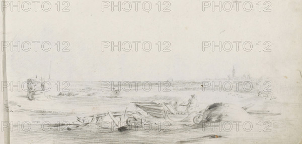 Landscape with a haystack and man by a boat, sketchbook page, Landscape with a boat on the bank of a river in the foreground. A man is loading or unloading the boats with the aid of wheelbarrows and other tools, possibly with hay from the haystack. Page 3 recto from a sketchbook with 39 pages., draftsman (artist): Pieter Moninckx, 1645 - 1646, draftsman (artist), inorganic material, paper, chalk, black chalk, height 201 mm x width 315 mm, hand-cart, hay-stack, boat propelled by man or animal, traffic and transport (loading), A wide pencil drawing of a flat riverside landscape showing small wooden boats and broken planks in the foreground, a seated figure near a boat, scattered wooden debris, faint rippled water and shoreline lines extending into the distance, a distant cluster of buildings with a tall tower on the horizon, lightly sketched vegetation and low dunes, and a mostly blank sky above.