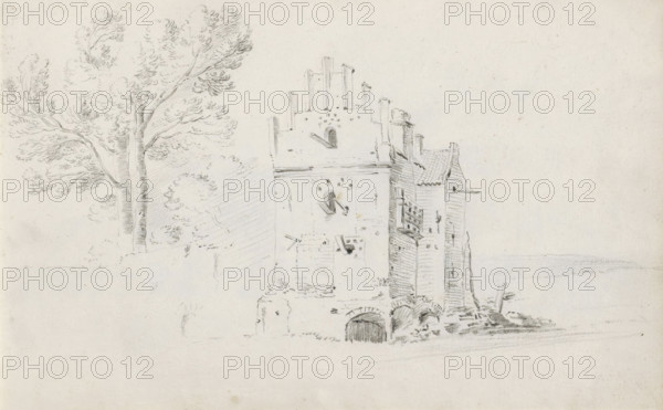 Landscape with ruin used as a dovecote, sketchbook page, Page 31 recto from a sketchbook with 39 pages., draftsman (artist): Pieter Moninckx, 1645 - 1646, draftsman (artist), inorganic material, paper, chalk, black chalk, height 201 mm x width 315 mm, landscape with ruins, dove-cote, A pencil sketch showing a tall tree with textured trunk and many leafy branches on the left and a partially ruined stone building on the right, the building featuring varied rooflines, vertical chimneys or battlements, arched openings at its base, a wooden or lattice balcony, and scattered rubble and structural details around its lower portion, all rendered on a light, slightly speckled paper background.