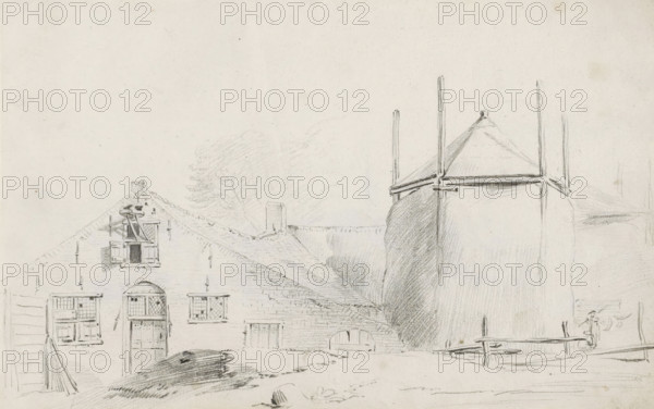 Farmyard with haystack, sketchbook page, Page 35 recto from a sketchbook with 39 pages., draftsman (artist): Pieter Moninckx, 1645 - 1646, draftsman (artist), inorganic material, paper, chalk, black chalk, height 201 mm x width 315 mm, farm (building), hay-stack, A pencil sketch of a rural scene showing the gabled facade of a building with a tiled roof, small paned windows, shutters, and a central doorway, adjacent to a large conical structure with a peaked roof and tall vertical posts, with shaded areas indicating texture and shadow, faint outlines of trees behind the buildings, a low fence in front of the conical structure, and rough ground with scattered stones and shaded mounds.