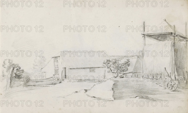 Farmyard with haystack and broken wheel, sketchbook page, Page 37 recto from a sketchbook with 39 pages., draftsman (artist): Pieter Moninckx, 1645 - 1646, draftsman (artist), inorganic material, paper, chalk, black chalk, height 201 mm x width 315 mm, farm or solitary house in landscape, hay-stack, A pencil sketch of a rural scene showing a long barn with a pitched roof and an open doorway, flanked by a small tree and a fence with a wooden wheel leaning against it, a dirt path or road running toward the foreground, clusters of foliage and shrubs on the left, and a tall haystack or covered structure supported by poles on the right with another wheel nearby.