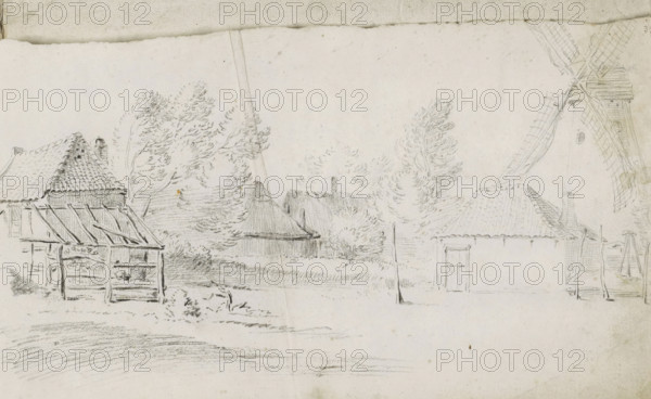Farms and a windmill around a field, sketchbook page, Page 39 recto from a sketchbook with 39 pages., draftsman (artist): Pieter Moninckx, 1645 - 1646, draftsman (artist), inorganic material, paper, chalk, black chalk, height 201 mm x width 315 mm, windmill in landscape, farm or solitary house in landscape, A pencil sketch of a rural scene showing several simple buildings with tiled roofs and a partially open wooden shed in the foreground, a tall windmill with cross-hatched sails at the right edge, clusters of leafy trees behind and between the buildings, a few thin vertical poles or posts rising from the ground, and light shading on the ground suggesting grass and pathways.