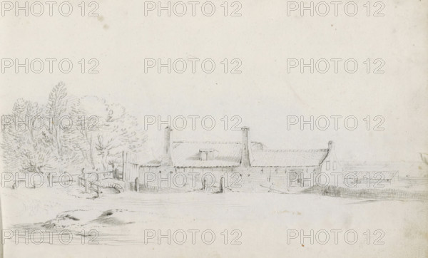 Farmhouse by a group of trees, sketchbook page, Page 4 recto from a sketchbook with 39 pages., draftsman (artist): Pieter Moninckx, 1645 - 1646, draftsman (artist), inorganic material, paper, chalk, black chalk, height 201 mm x width 315 mm, farm or solitary house in landscape, A wide pencil sketch of a low building complex with a sloped roof and multiple chimneys stretching across the middle of the image, a small gabled end and window details at one side, and a door or gate opening near the left end. To the left of the buildings a cluster of trees with varied foliage stands behind a simple wooden fence and a small arched bridge or culvert. In the foreground there are faint textured ground markings and shading suggesting uneven terrain leading toward the buildings, while the upper portion of the image remains mostly blank with light paper texture.