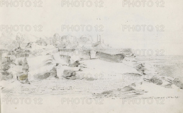 Landscape with a farm near a sand quarry, sketchbook page, In the foreground a field and two filled wheelbarrows. Page 5 recto from a sketchbook with 39 pages., draftsman (artist): Pieter Moninckx, 1645 - 1646, draftsman (artist), inorganic material, paper, chalk, black chalk, height 201 mm x width 315 mm, farm or solitary house in landscape, sand (soil type), A pencil sketch showing a rocky coastal scene with cliffs and a shoreline, textured shading indicating rock faces and stratified layers, a small group of simple buildings and trees perched atop the cliffs, faint vertical structures rising near the buildings, horizontal lines suggesting water at the right edge, and a pair of small boats drawn on the beach with scattered pieces of driftwood.