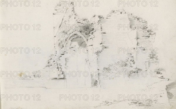 Ruin of a gatehouse, sketchbook page, Page 6 recto from a sketchbook with 39 pages., draftsman (artist): Pieter Moninckx, 1645 - 1646, draftsman (artist), inorganic material, paper, chalk, black chalk, height 201 mm x width 315 mm, ruin of a building, architecture, gate, entrance, A faint pencil sketch of a crumbling stone structure with a partially intact arch and rough brickwork, showing jagged edges and scattered loose stones; tufts of grass and small plants grow from crevices and along ledges; shaded areas indicate depth around the arch and between broken wall sections; the drawing is on light paper with subtle smudges and faint horizontal shading along the lower area.