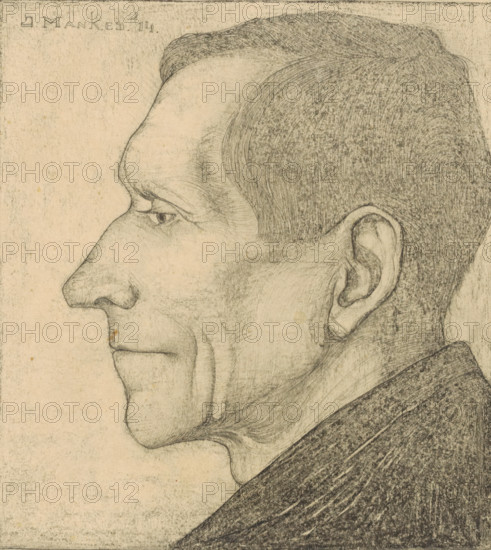 Portrait of Beint Mankes I, drawing, design, draftsman (artist): Jan Mankes, 1914, draftsman (artist), inorganic material, paper, pencil, chalk, black chalk over pencil, height 192 mm x width 179 mm, Person, Beint Mankes (I), historical persons, A close-up pencil drawing of a man in profile facing left showing his forehead, eyebrow, eye, long nose, lips, chin, neck, ear, and hair, with detailed shading and fine line texture on the skin, hair, and clothing, all on a lightly textured, aged paper background.