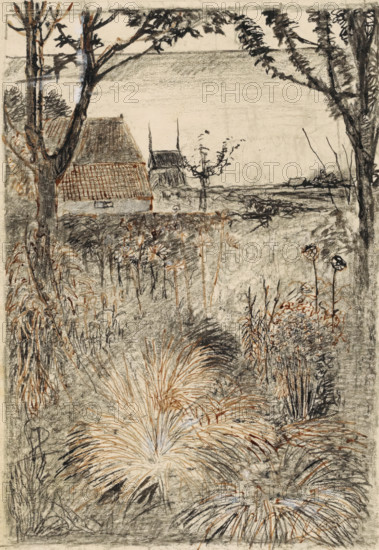 Garden in autumn, drawing, draftsman (artist): Jan Mankes, 1899 - 1920, draftsman (artist), paint (coating), inorganic material, materials by function, paper, chalk, deck paint, pencil, ink, pen, brush, pen in black and brush in brown over black chalk with pencil and white opaque paint, height 198 mm x width 132 mm, garden, A monochrome sketch of a landscape viewed through tree trunks and branches framing the scene, with a thatched-roof building partially visible behind foliage, a smaller roofed structure with pointed elements nearby, and a lone slender tree between them. The foreground is filled with dense grasses and spiky plant clumps rendered with sweeping strokes, interspersed with taller flower heads and stems. Shaded areas and fine hatch marks create textured ground and distant fields, and the sky is lightly shaded above a straight horizontal horizon line. The composition uses dark charcoal and brownish lines to define trunks, leaves, roofs, and vegetation.