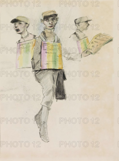 Salesperson of Amsterdam weekly 'Het Leven', sketchbook page, The boy is wearing a cap and bag and has a harness with the cover of the weekly on his chest. Page 1 from a sketchbook with 28 pages., annotation: 'HET LEVEN, HET LEVEN, HET LEVEN', draftsman (artist): Otto Verhagen (I), c. 1917 - c. 1919, draftsman (artist), paint (coating), inorganic material, paper, pencil, chalk, watercolor (paint), brush, black chalk, colored pencil and brush in colors, height 280 mm x width 216 mm, merchant, salesman, A pencil and watercolor sketch showing three views of a person wearing a peaked cap and a rectangular board hanging on the chest with vertical pastel stripes; one view is a frontal portrait with a neutral expression, another shows a profile looking to the side while holding a folded sheet, and a third shows an open-mouthed three-quarter view; the central figure is drawn with legs in mid-step and a long dark coat or skirt detail, and the background is a pale, slightly textured sheet with f...